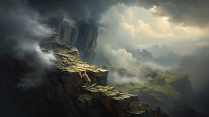  a painting of a mountain landscape with clouds and a person standing on the edge of a cliff looking at the sky.  generative ai