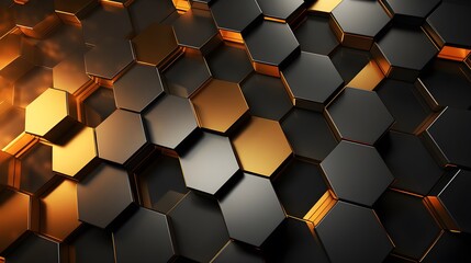 Abstract futuristic luxurious digital geometric hexagon background banner illustration. 3d - Glowing gold, brown, gray and black. texture wall.  Generative AI