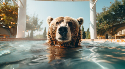 urso na piscina  - obrazy, fototapety, plakaty