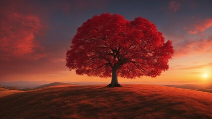 tree in the sunset A lone tree on a hilltop with a   canopy of red leaves. The tree is a witness to the changing of the season