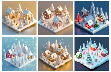 A set of AI generated isometric Christmas villages in a winter wonderland. Concept of Xmas, winter season and holiday. 