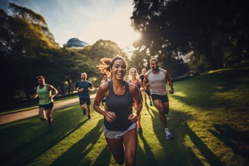 Group of women and men of different ethnicities running together in a park. New Year resolutions. - obrazy, fototapety, plakaty