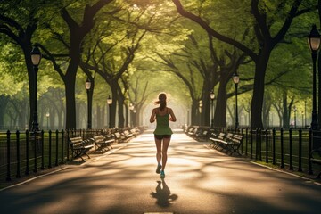 Woman from behind running in a park. New Year resolutions.