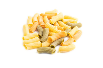 Rigatoni colored raw pasta isolated on white. Side view.