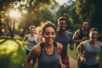 Group of young people of different ethnicities running together in a park. New Year resolutions. - obrazy, fototapety, plakaty