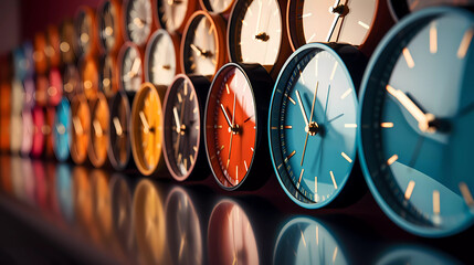 A row of clocks with different time zones on them - obrazy, fototapety, plakaty