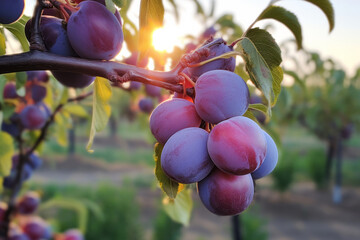 Delicious sweet plums on branch in garden farm tree in sunset light. Organic eco agriculture concept - obrazy, fototapety, plakaty