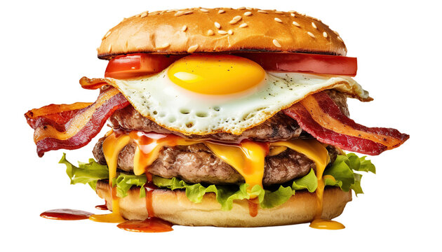 Hamburguesa a la parrilla completa aislada sobre fondo transparente.