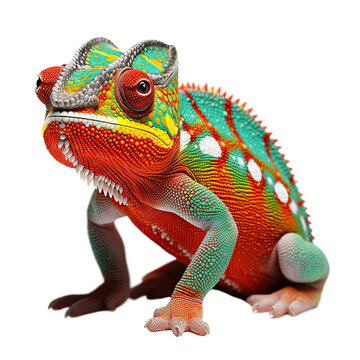 Retrato de camaleon colorido aislado sobre fondo transparente.