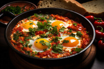 Delicious shakshuka with bread and pepper in frying pen with greens closeup studio shot. Homemade cooking concept