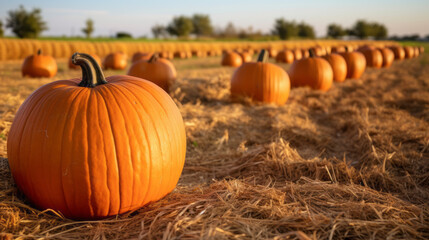 Expansive field of pumpkins, stretching as far as the eye can see, ready for harvest and autumn festivities