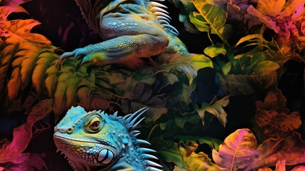  a close up of a lizard and a lizard on a bed of plants and leaves with a black background with red, orange, yellow, green, and blue colors.  generative ai