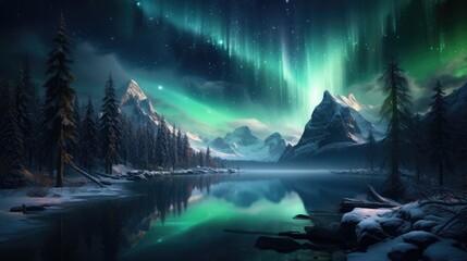 the Northern Lights reflected in a frozen lake, creating an ethereal landscape that seems out of this world - obrazy, fototapety, plakaty
