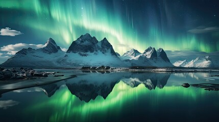 the Northern Lights reflected in a frozen lake, creating an ethereal landscape that seems out of this world - obrazy, fototapety, plakaty