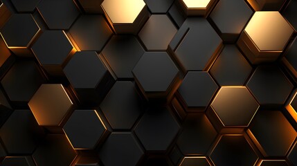 Abstract futuristic luxurious digital geometric hexagon background banner illustration. 3d - Glowing gold, brown, gray and black. texture wall. Generative AI