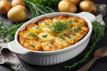 Hot delicious gratin potatoes with herbs in ceramic dish.