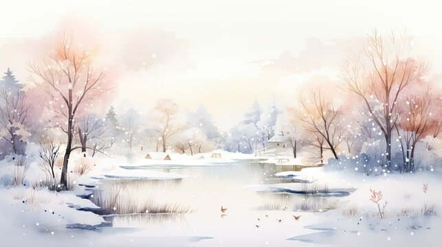  a painting of a winter scene with a pond and trees in the foreground and snow falling on the ground.  generative ai