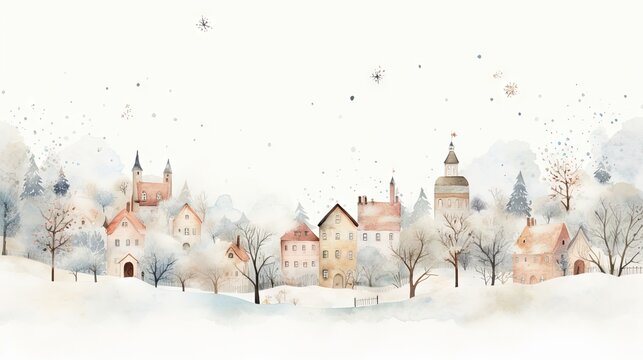  a watercolor painting of a winter scene with a town in the foreground and trees in the foreground.  generative ai