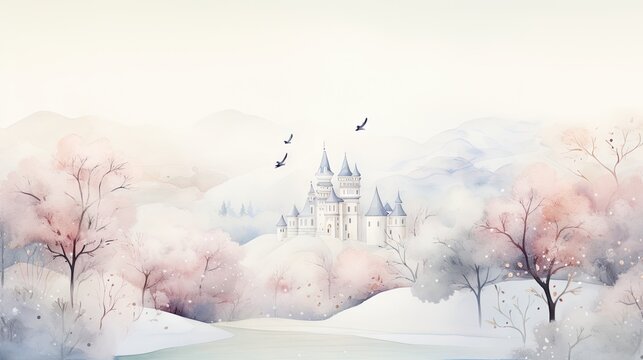  a painting of a castle in the middle of a snowy landscape with trees and birds flying over the top of the castle.  generative ai