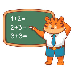 Children tiger thinking idea and chalkboard.A student solves a math problem at the blackboard.Tiger character cartoon schoolboy.Student in trouble.Solves mathematical problem.