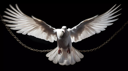 a white dove is chained to a chain with its wings spread out and spread out