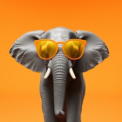 a portrait of a elephant wearing a glasses with orange color background