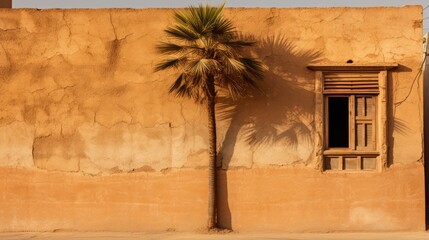  a palm tree in front of a tan stucco wall with a window and shutters on the side of it.  generative ai
