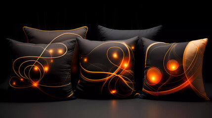 Four pillows are shown on a black background with a white and orange design on it and a black background with a white and orange design