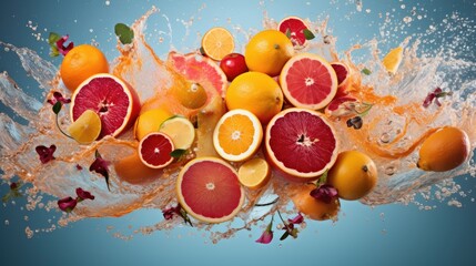  a bunch of oranges and grapefruits are splashing into the water with splashing around them.  generative ai