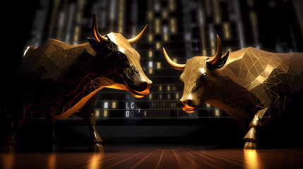 two bulls are facing each other in front of a bar chart with gold bars on it and a black background