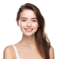 Obraz premium Portrait of young happy woman looks in camera. Skin care beauty, skincare cosmetics, dental concept isolated over white background, photo