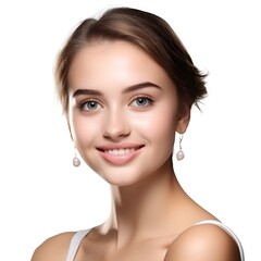 Obraz premium Portrait of young happy woman looks in camera. Skin care beauty, skincare cosmetics, dental concept isolated over white background, photo