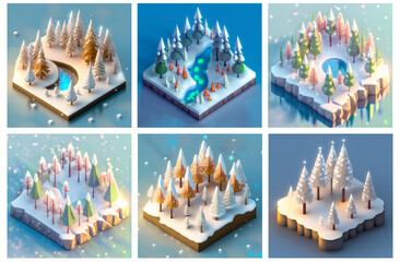 A set of AI generated isometric Christmas winter wonderland landscape with trees, snow and water. Concept of Xmas, winter season and holiday.