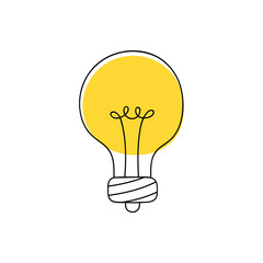 Line drawing light bulb which glowing. Linear light bulb drawn by hand. Concept of idea, creativity, innovation and invention. Doodle vector graphic design