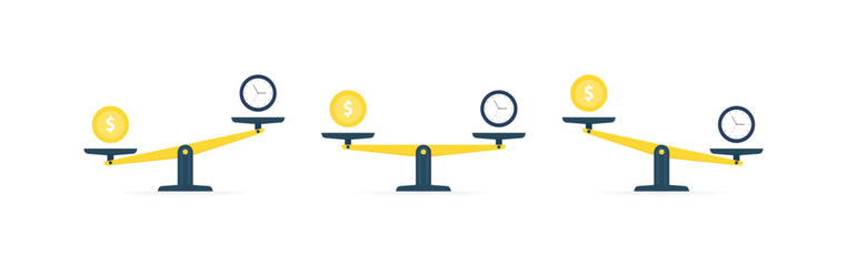 Scales with different balance. Money and time weighing concept to find a balance in life. Money more than time or time more than money or time and money in balance. Vector illustration - obrazy, fototapety, plakaty