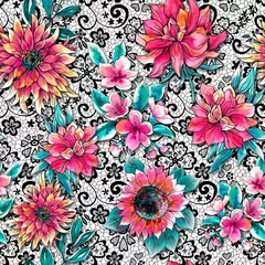 Fotobehang Watercolor tropical flowers, seamless, romantic pattern, green foliages, pink flowers, lace background © Leticia Back