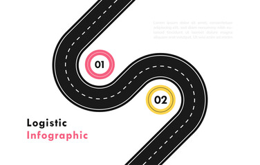 Route infographic template. Winding asphalt road map with two steps, parts, processes or option. Design concept of Logistic, achieving the goal, move step by step. Vector illustration
