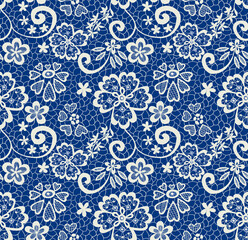 Seamless Lace flowers, blue and white, ornamental flowers, handmade ink