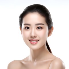 Obraz premium Portrait of young happy woman looks in camera. Skin care beauty, skincare cosmetics, dental concept isolated over white background, photo