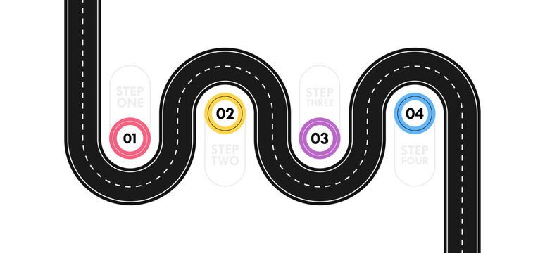 Route infographic template. Winding asphalt road map with four steps, parts, processes or option. Design concept of Logistic, achieving the goal, move step by step. Vector illustration