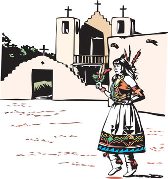 Native American pueblo woman in traditioonal ceremonial dress in front of peublo style adobe church