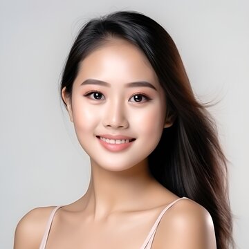 Portrait of young happy woman looks in camera. Skin care beauty, skincare cosmetics, dental concept isolated over white background, photo