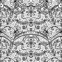 Seamless Lace flowers, black and white, ornamental flowers, handmade ink, white background, isolated