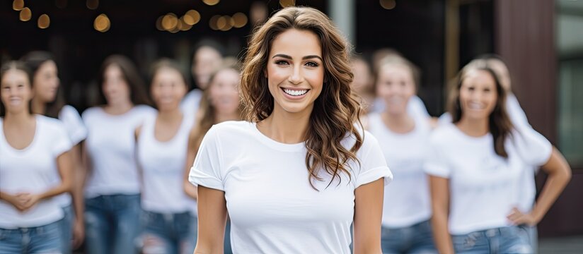 At the bachelorette party a fantastic bridesmaid strikes a pose outdoors dressed in jeans and a white t shirt