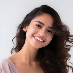 Naklejka premium Portrait of young happy woman looks in camera. Skin care beauty, skincare cosmetics, dental concept isolated over white background, photo