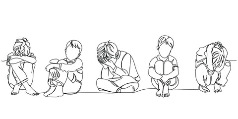  line art of a sad and depressed child. Children mental health awareness. Fight against violence and abuse. Depression and frustration in young people. Psychology concept. Peer pressure. - obrazy, fototapety, plakaty