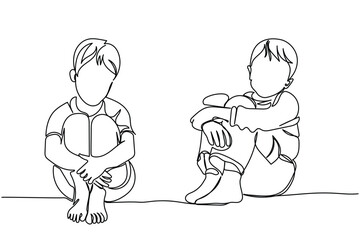  line art of a sad and depressed child. Children mental health awareness. Fight against violence and abuse. Depression and frustration in young people. Psychology concept. Peer pressure.