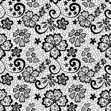 Seamless Lace flowers, black and white, ornamental flowers, handmade ink, white background, isolated