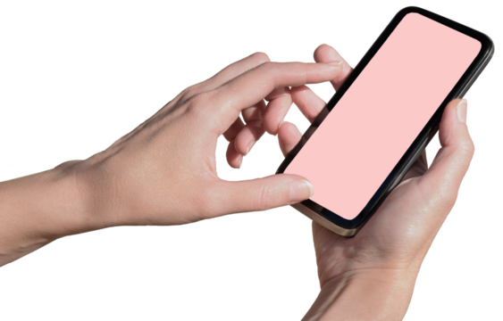 smartphone in hands. phone mockup in female hand showing pink screen.on transparent, png. fashion apps. Online shopping