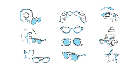 Fototapeta premium line icon set of different style glasses like square, round and pilot design from a different perspective with front, side and top view in a outline black stroke eps vector symbol graphic, Optical